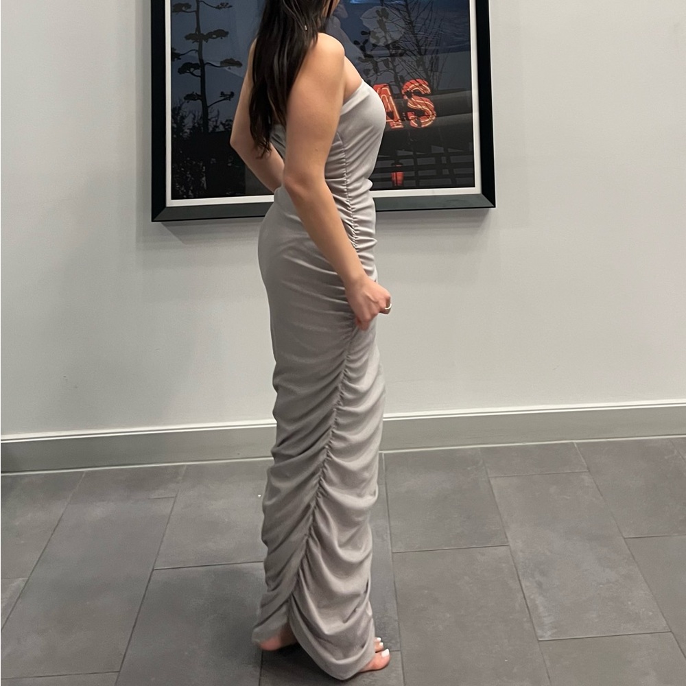 Grey maxi dress with ruched detail on the side